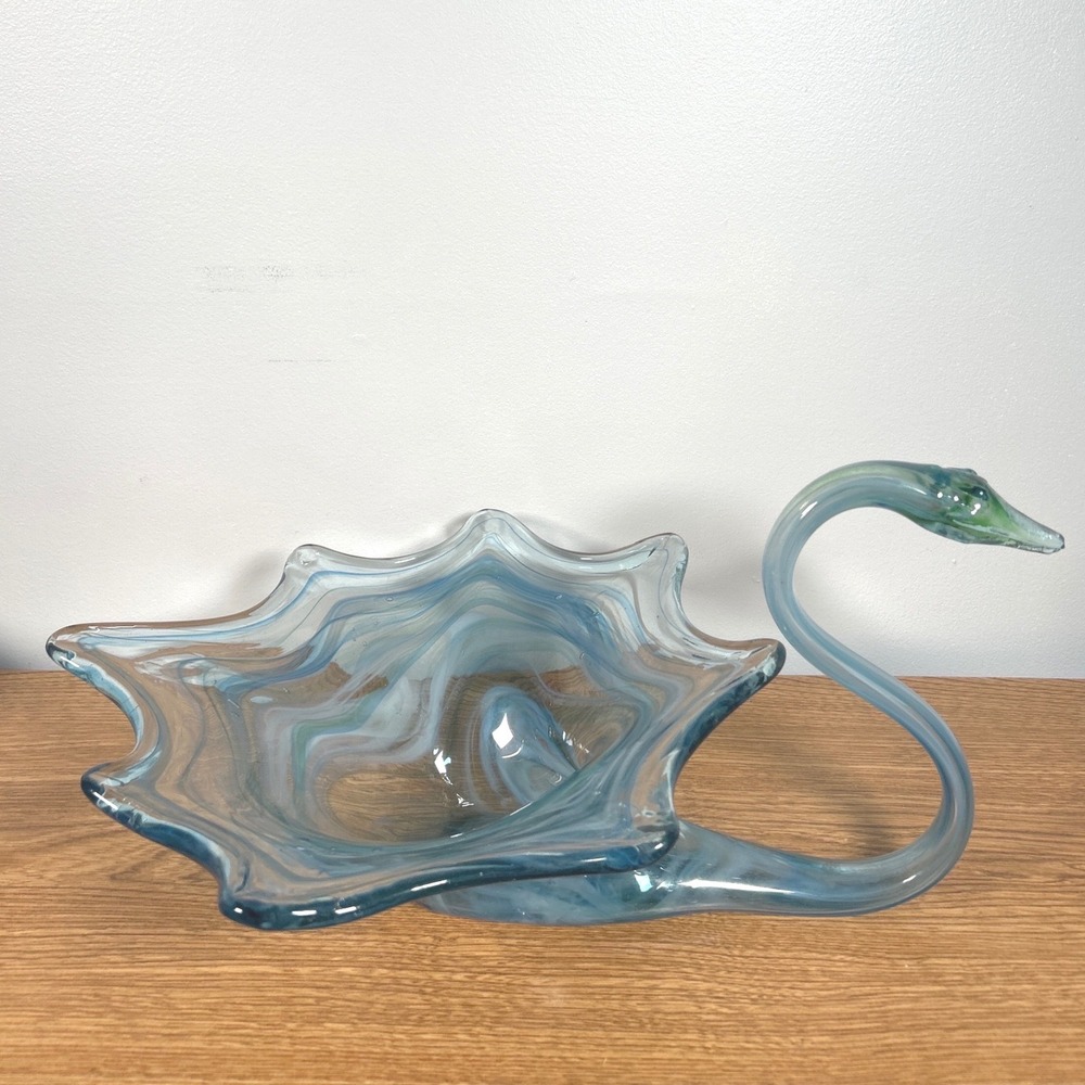 Vintage Blue Swirl Hand Blown Art Glass Swan Centerpiece Bowl Ruffled Edge MCM